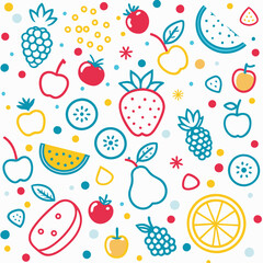 Colorful fruit pattern background with line art illustration of various fruits like apples, strawberries, watermelon, and berries.