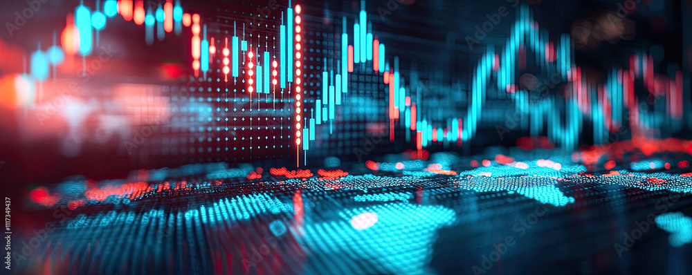 Poster dynamic financial graph showing market trends and data visualization in vibrant colors.