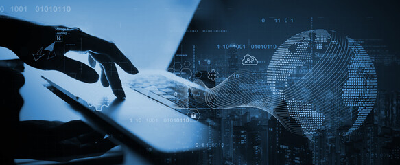 Digital technology, Internet global network connection, data science and engineering, cloud computing, IoT Internet of Things. Computer programming with big data management and processing