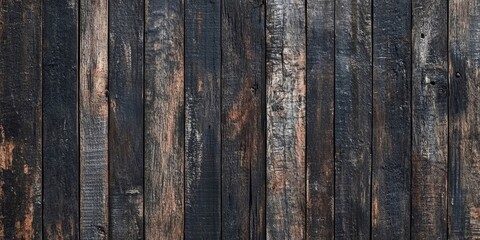 Fototapeta premium Weathered, rustic dark timber wall panel texture creates a grunge background, forming a panoramic banner that showcases the unique appearance of aged wood.