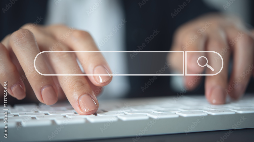 Aufkleber seo data search tool, technology of search engine optimization. customer typing on computer to searc