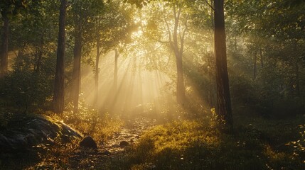 Obraz premium Golden sunlight streaming through a forest in the early morning