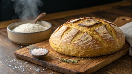 Naklejka premium An artisan round loaf with a domeshaped top lies atop a wooden surface. Its crust showcases an intricate pattern of slashes allowing steam to escape during baking. The outer layer