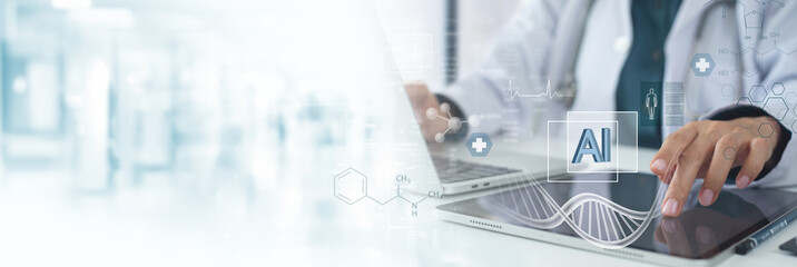 Doctor using digital tablet computer with AI software technology for data analysis. Genetics...