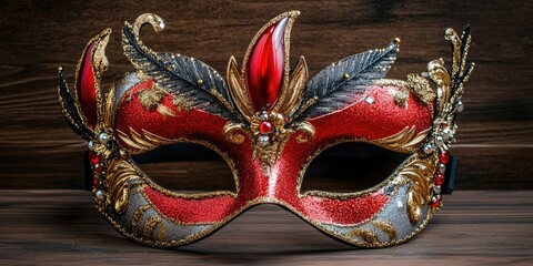 A vibrant carnival mask adorned in striking red and gold embellishments, perfect for festive celebrations and adding a touch of glamour to any occasion.