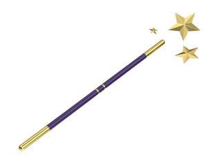 Fototapeta premium Purple magic wand with three golden stars on transparent background