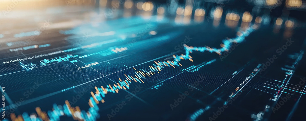 Poster dynamic financial market graph with vibrant data visualization and modern design elements.