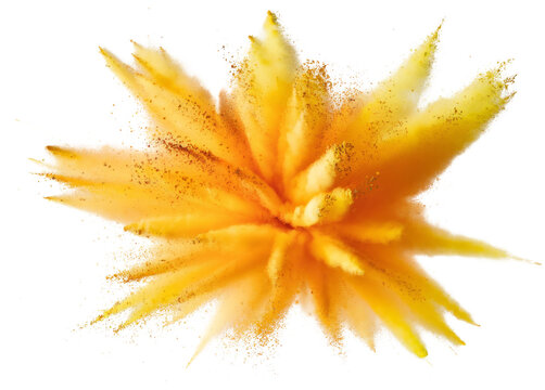 bright yellow orange holi paint color powder festival explosion burst isolated white background. industrial print concept background - Powered by Adobe