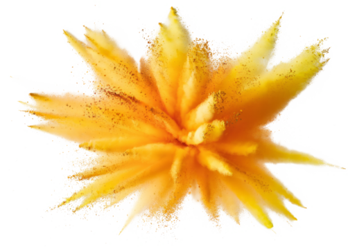 bright yellow orange holi paint color powder festival explosion burst isolated white background. industrial print concept background