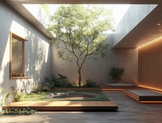 Fototapeta premium Tranquil Modern Zen Garden with Minimalist Design, Featuring Lush Greenery, Natural Light, and Serene Atmosphere for Relaxation and Meditation