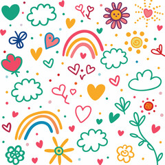 Colorful hand-drawn illustration with hearts, rainbows, flowers, clouds, and suns on white background.