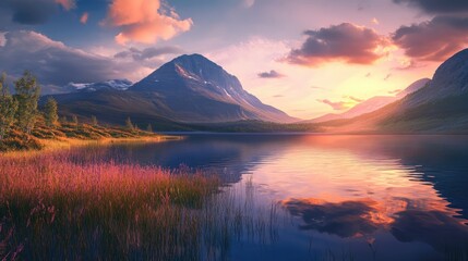 Stunning landscape capture of a beautiful mountain and a crystal clear lake at sunset, highlighting the serene beauty of nature. Ideal for landscape photography with ample copy space.