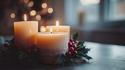 Burning candles decorated with holly and festive ribbon create a cozy atmosphere. The candles emit a warm glow, perfect for holiday celebrations. Photo with copy space available.