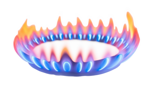 High-Quality PNG of Kitchen gas stove burner with blue flame. Png Transparency Isolated on White Background – High Resolution