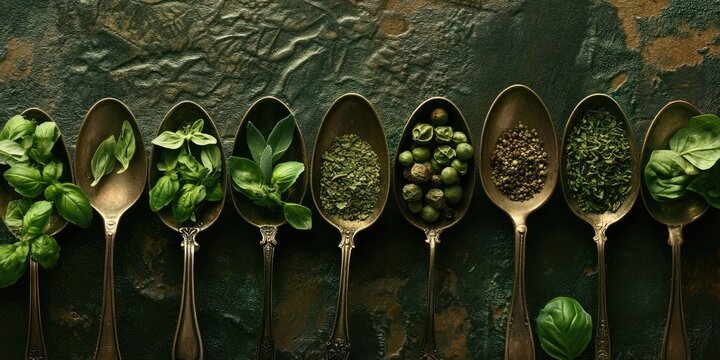 Looking down at vintage spoons filled with vibrant green spices and herbs showcases an artistic arrangement of these flavorful ingredients.