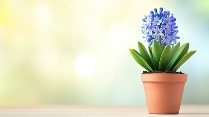 Beautiful blooming hyacinth in a flower pot with a softly blurred background to the right, providing a serene atmosphere perfect for floral-themed content and copy space.
