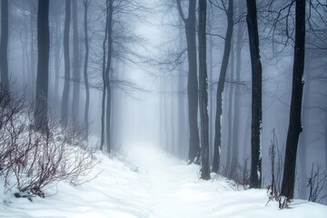 Fototapeta premium A misty forest path blanketed in snow, creating a serene and tranquil winter atmosphere.