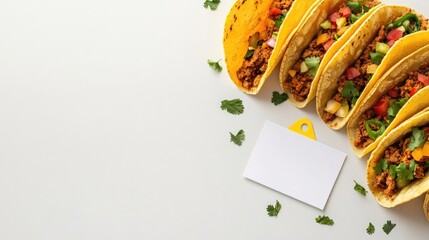 Taco Eating Contest reminder with a white paper note and yellow paper sticker tag, complemented by tasty triangles of delicious tacos isolated on a clean white background with ample copy space.