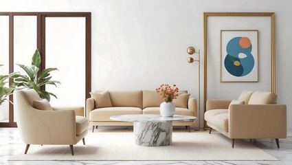 Stylish interior of living room with soft sofa and coffee table