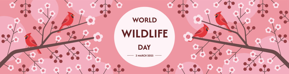 World Wildlife Day banner design with cardinal birds, flowers, and buds. Vector Illustration.