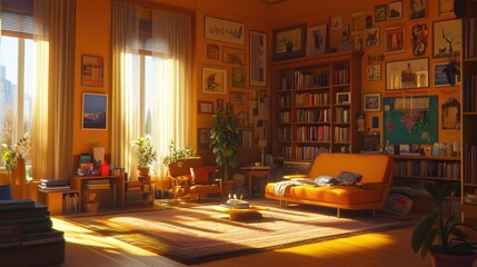 Obraz premium Cozy and Bright Living Room with Art Decor and Bookshelves