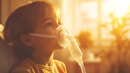 RSV, Respiratory syncytial virus in children. A young child uses a nebulizer, looking thoughtfully into the distance, illuminated by warm sunlight, conveying a sense of hope and care.