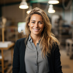 Obraz premium A german female business owner stands and is happy that her business is growing.