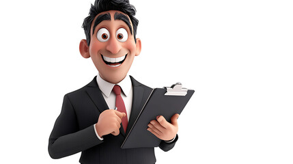 A man in a suit is holding a clipboard and smiling
