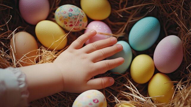 Baby Hand Reaching for Colorful Easter Eggs in Straw Nest