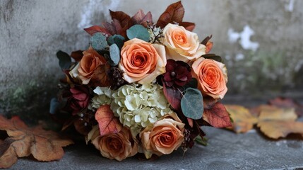 Autumn wedding bouquet crafted with roses and hydrangeas, perfect for the bride. This bridal boho bouquet offers a beautiful design with ample copy space for personalization.