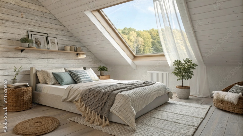 Poster dreamy escape soft curtains frame the skylight allowing gentle breezes to drift in. the bed situated
