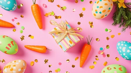 Colorful Easter Arrangement with Gift Box and Decorated Eggs