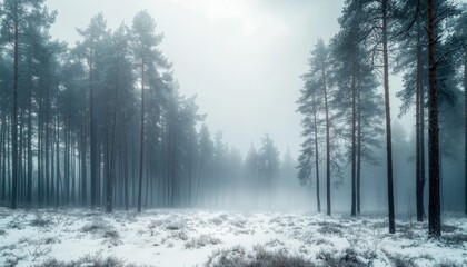 Obraz premium A misty forest landscape with tall trees and a snowy ground, evoking a serene atmosphere.