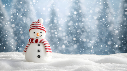 Obraz premium A snowman in the snowy landscape, wearing a red and white striped scarf with trees covered by heavy snow in the background. Happy Marry Christmas banner background