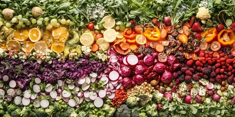 A variety of vibrant Microbiome Booster Salads arranged flat, showcasing detox foods abundant in essential micronutrients, vitamins, and minerals for health benefits.