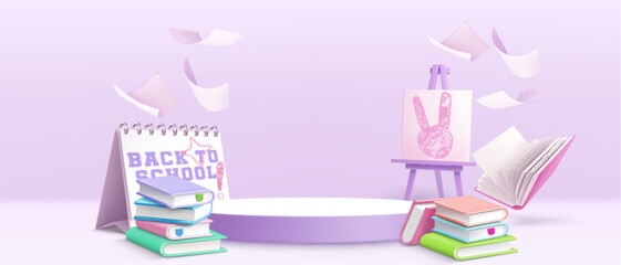 Back to school podium background. Purple education banner template. 3d platform for stationery supplies display. Welcome layout with chalk graphic and books for presentation on pedestal mockup
