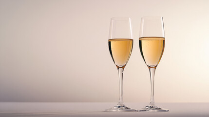 Two champagne glasses filled with sparkling wine against a soft, neutral background, conveying a sense of elegance and celebration.
