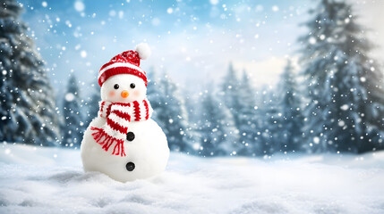 Obraz premium A snowman in the snowy landscape, wearing a red and white striped scarf with trees covered by heavy snow in the background. Happy Marry Christmas banner background