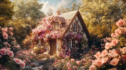 Fairytale cottage covered in blooming pink roses, surrounded by lush rose garden.
