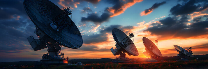 Array of satellite dishes under a vibrant sunset sky, symbolizing communication, space exploration, and technology, perfect for scientific and futuristic themes