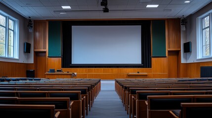 Large Empty Auditorium with Blank Projection Screen