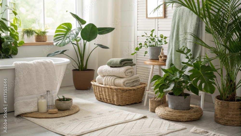 Poster elements of greenery such as potted plants infuse vitality into the tranquil setting while soft text