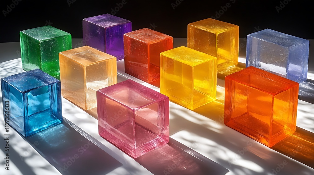 Poster colorful translucent cubes arranged in rows casting shadows on a white surface.