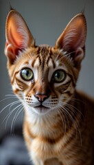 Fototapeta premium Close-up of Oriental Shorthair cat’s face with large ears and striking green eyes