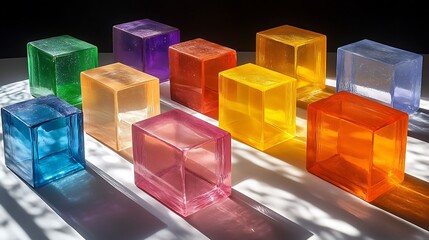 Colorful translucent cubes arranged in rows casting shadows on a white surface.