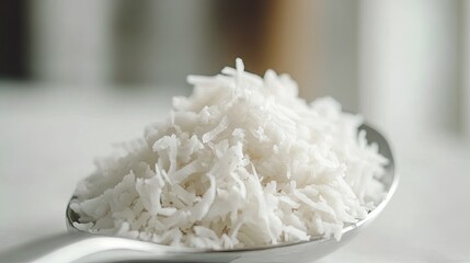 Shredded Coconut on Metal Spoon Ready for Culinary Use and Decoration