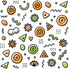Seamless pattern with abstract shapes, flowers, and geometric elements in orange and green.