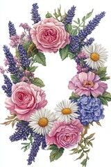 A floral wreath featuring various colorful flowers and greenery.