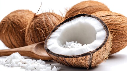 Fresh Coconut with Grated Coconut and Wooden Spoon on White Surface