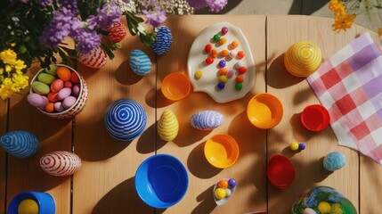 Colorful Easter Decorations with Eggs and Candy on Wooden Table